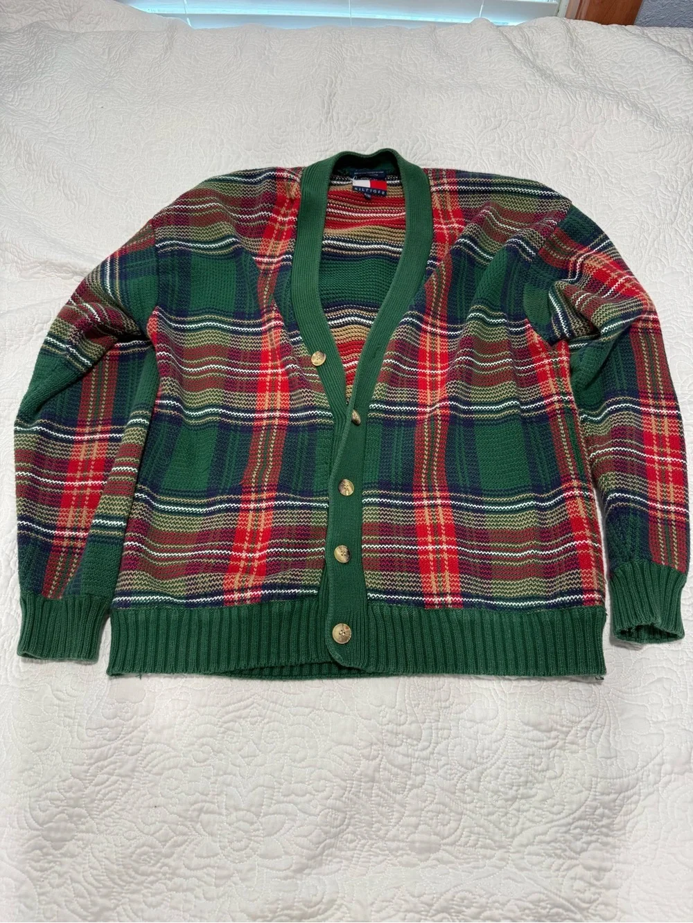 Tommy Hilfiger Green Red Plaid Cotton Cardigan